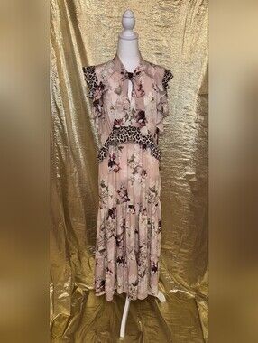 Anthropologie Kachel Floral Tie-Neck Maxi Dress with Leopard Trim - Blush